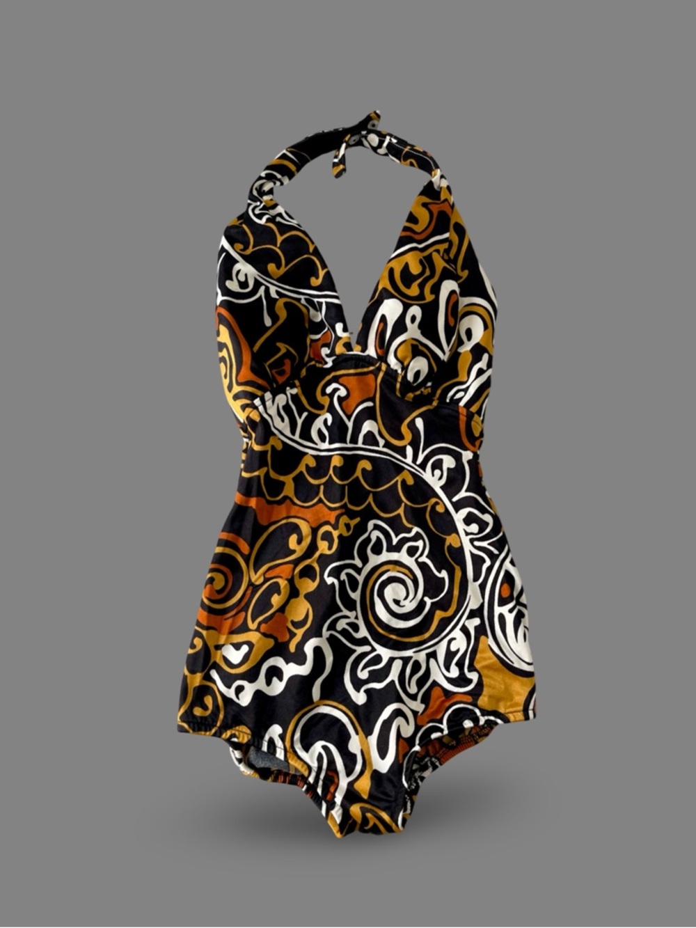 Vintage 70s Sirena California Art Nouveau One Piece Halter Bathing Suit SzS-XS